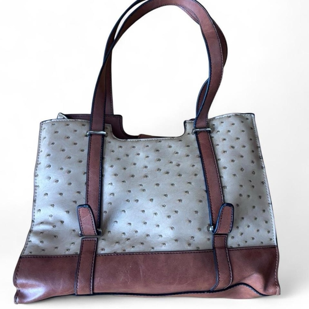Elegant Cream and Brown Faux Ostrich Tote Bag